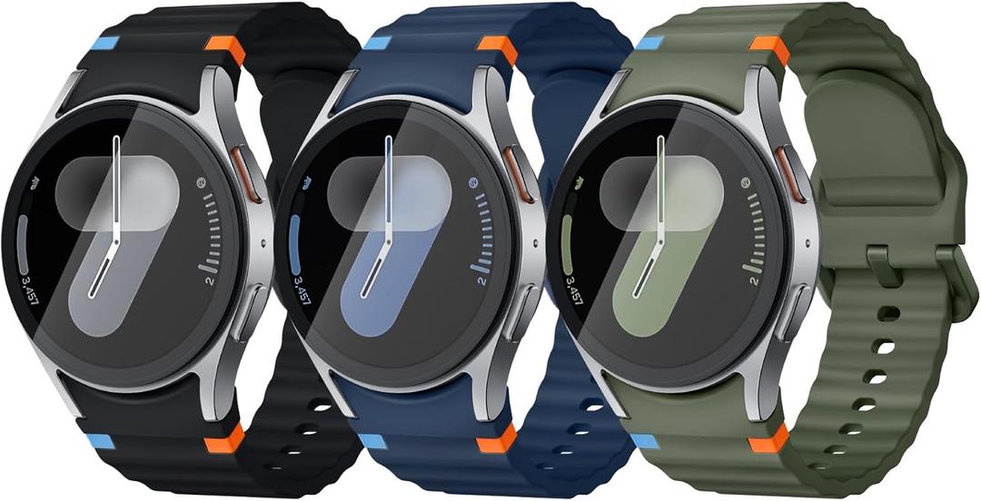 3 Pack Sport Band Compatible for Samsung Galaxy Watch 8/8 Classic Band 40mm 44mm 46mm (2025) Galaxy Watch 7 Bands 44mm 40mm, Samsung Galaxy Watch FE/6/5/4 Classic(40mm-47mm) No Gap Soft Silicone Replacement Strap for Men & Women (Black/Blue/Green)