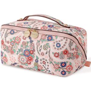 Aveniee Travel Makeup Bag for Women, Large Cosmetic Organizer with Open-Flat Design, Clear Divider & Handle - Waterproof PU Leather Toiletry Case (Floral Pattern)