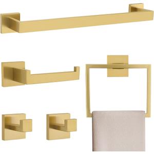 Brushed Gold 5 Pieces Bathroom Hardware Accessories Set Towel Bar Set Towel Holder&Racks Set for Bathroom,SUS304 Stainless Steel,Wall Mounted 16-Inch