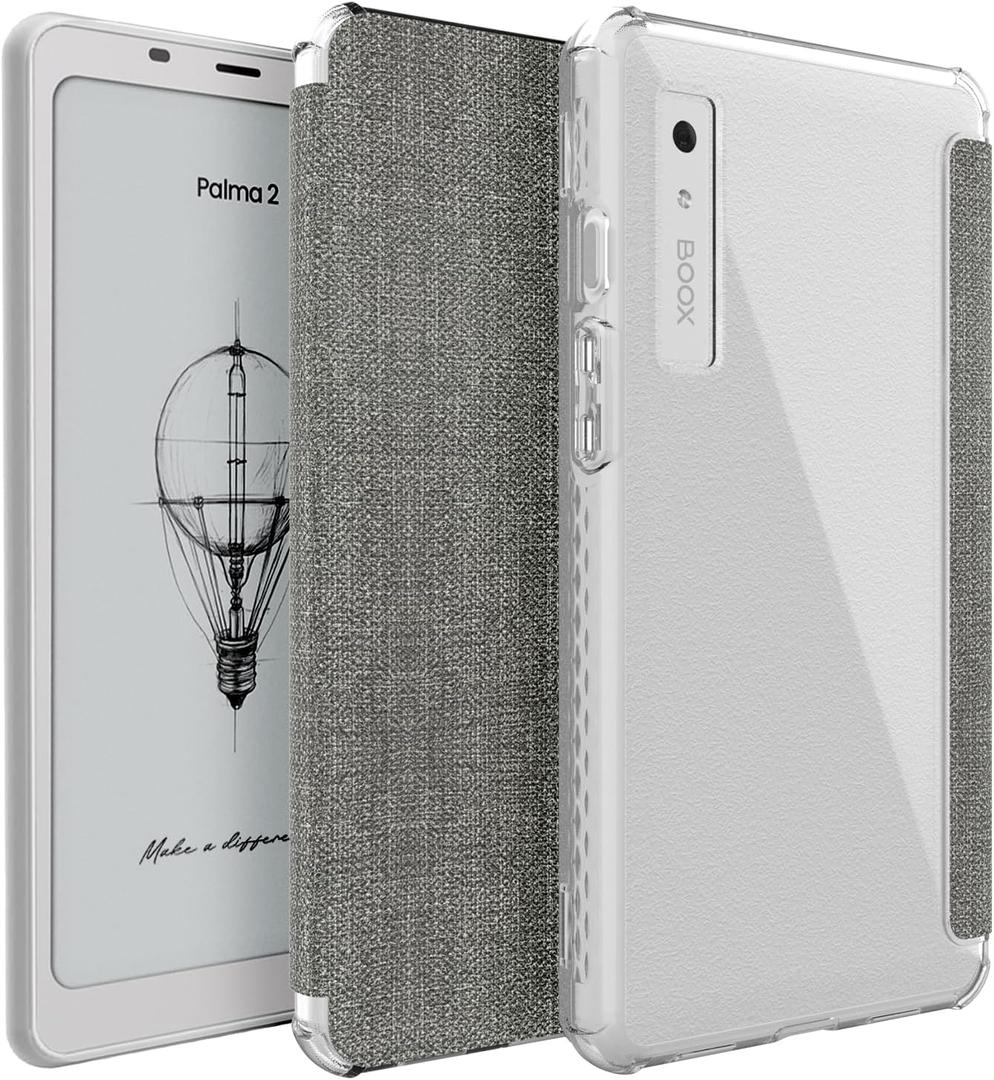 TUDIA SKN FLIP V2 Designed for Onyx Boox Palma 2 Case - [Enhanced Auto Wake/Sleep Technology] Shockproof Slim Transparent TPU Back with Textured Leather Cover - Clear Grey