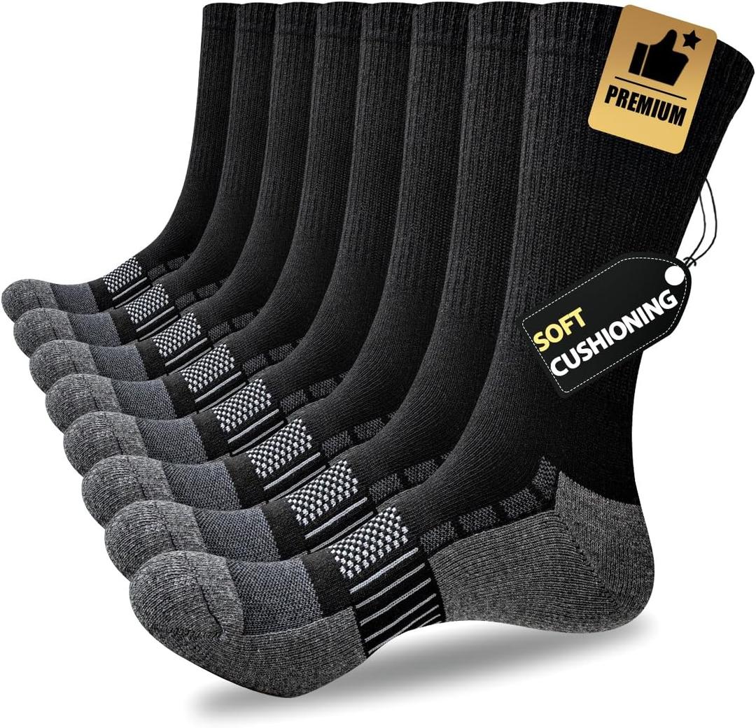 JOYNE 8 Pairs Mens Cushioned Crew Athletic Socks, Moisture Wicking Breathable Socks for Sport Running,Black,Sock Size:13-15 (Black)