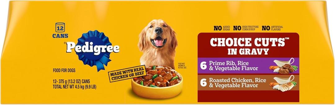 Pedigree Choice Cuts in Gravy Adult Canned Soft Wet Dog Food, Prime Rib & Chicken, 13.2 oz. Cans (12 Count, Pack of 1), Best Before 04/2027