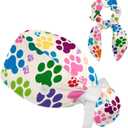 Womens Working Cap Scrub Hats with Bow Scrunchies, Cute Colorful Dog Silhouette Bouffant Surgical Cap Ponytail Holder (L)