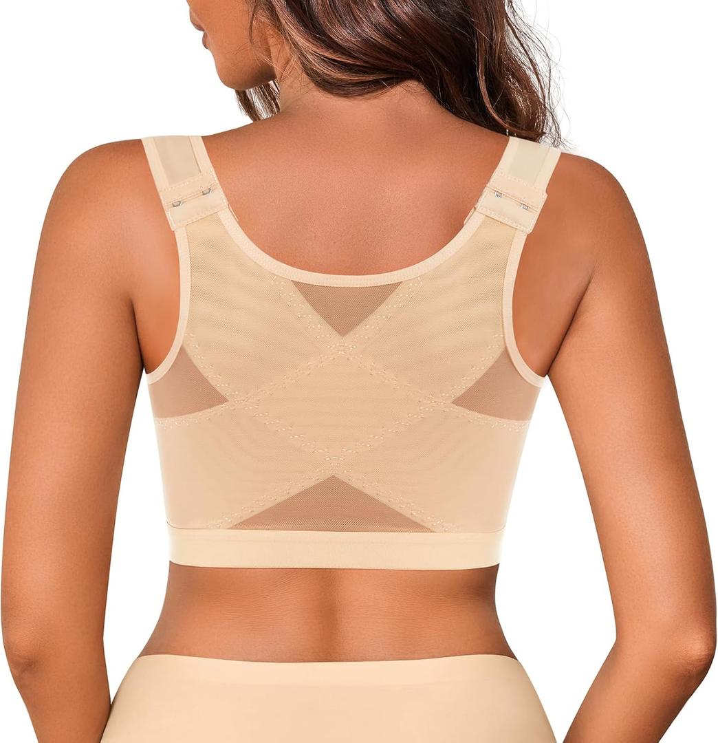 Front Closure Posture Corrector Wireless Bra Back Support Comfy Unlined Bras Full Coverage Bra with Nipple Covers (X-Large, Nude)