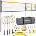 Outdoor Volleyball and Badminton Combo Set with Net Width and Height Adjustable Volleyball Badminton Net for Backyard, 4 Rackets, 4 Shuttlecocks, Boundary, Volleyball, Pump and Carry Bag