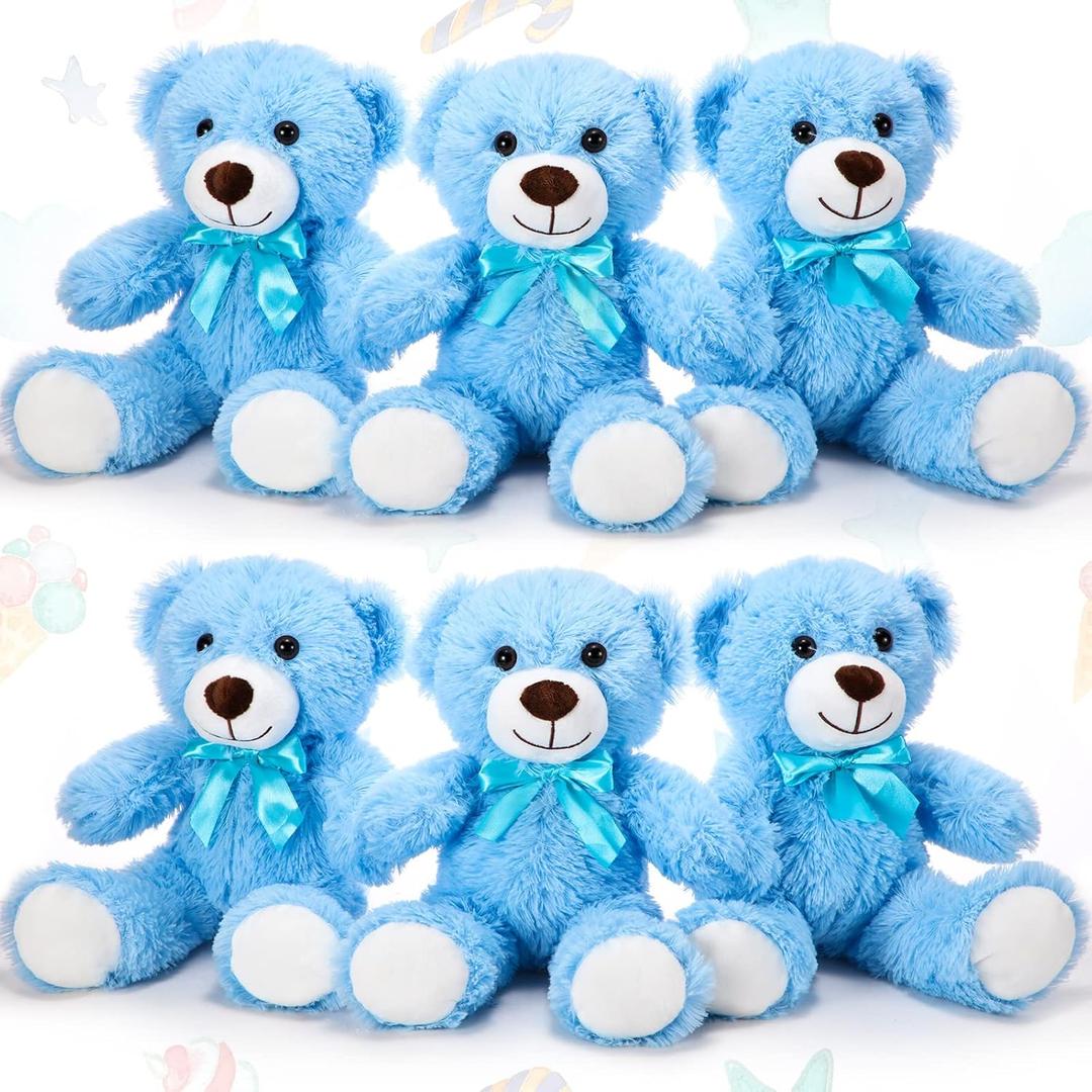 Aoriher 6 Pieces Valentines 10 Inch Bear Bulk Stuffed Animal Baby Shower Soft Cute Bear Plush Toys Sleeping and Playing Valentines Baby Shower Birthday Party Favor Decorations (Blue)