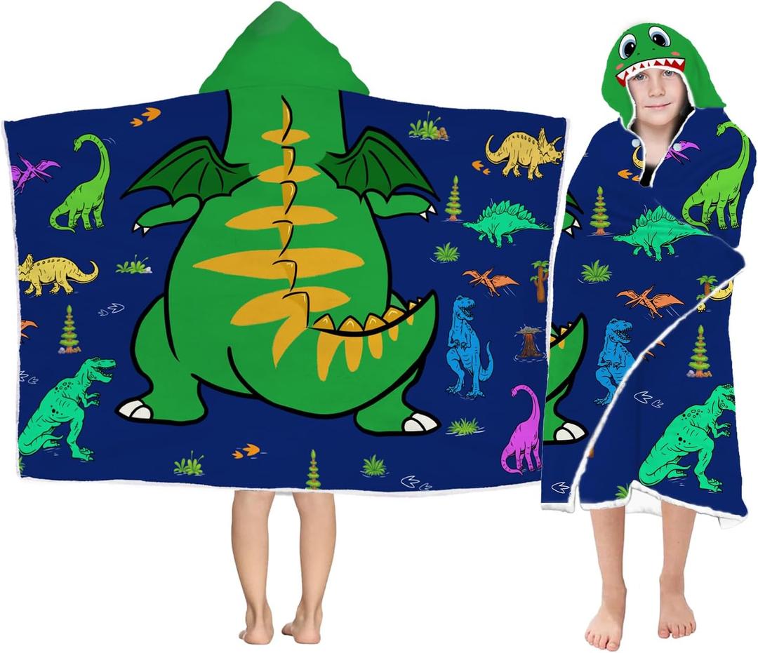 Dinosaur Hooded Beach Towel for Boys, Soft & Absorbent T-Rex Dinosaur Poncho Towel, 30x50 Green Blue Bathrobe for Kids Cool Cartoon, Quick Dry Swim, Pool, and Bath Time