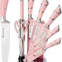 Kitchen Knife Set, Retrosohoo 9-Pieces Pink Sharp Non-Stick Coated Chef Knives Block Set,Stainless Steel Knife Set for Kitchen with Sharpener for Cutting Slicing Dicing Chopping (Pink)