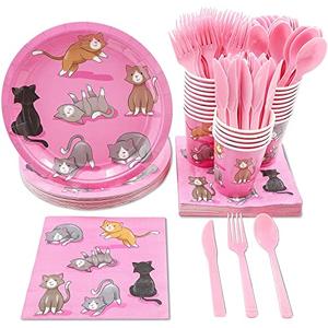 Sustainable Greetings Cat Birthday Party Supplies, Paper Plates, Napkins, Cups and Plastic Cutlery (Serves 24, 144 Pieces) - Cat Birthday Decorations - Kitten Party Decorations