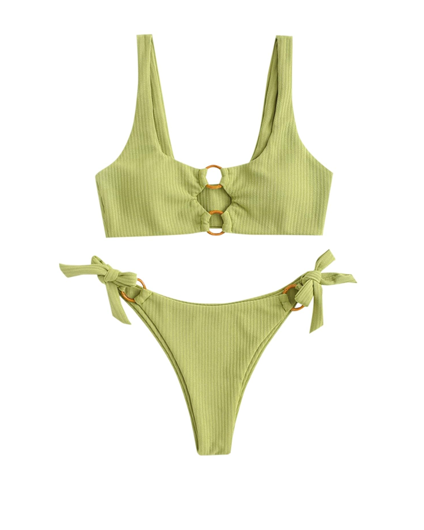 ZAFUL Women's Ribbed O-Ring String Bikini Swimsuit Cheeky Thong Swimwear Two Pieces Bathing Suit S