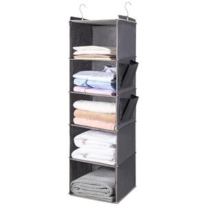 BOOMIBOO Hanging Closet Organize and Shelves，5-Hanging Shelf with 2 Side Pockets，Storage Foldable （Grey）