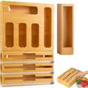 Bamboo Foil and Plastic Wrap Organizer with Cutter, Kitchen Drawer Storage, Dispenser Compatible with Sandwich and Snack Variety Size Bags Ziplock Bag