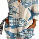 Women Tops Dressy Casual Floral Shirts Long Sleeve Blouse | Ladies Blouses V Neck Botton Down Floral Boho Tops Collared Office Shirts for Work Vacation Size S, Blue White Fish