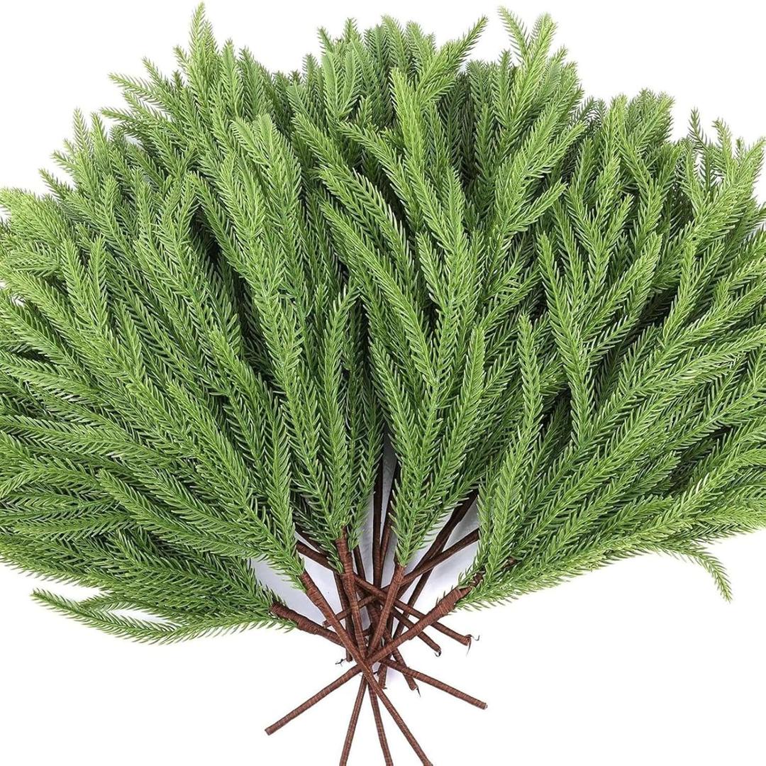 Artificial Pine Needles Branches Garland, Crafts Faux Greenery, Fake Cedar Stems with Pine Needle for Xmas Decoration, DIY Accessories for Garland Wreath Christmas and Home Garden Decor (12pcs Green)