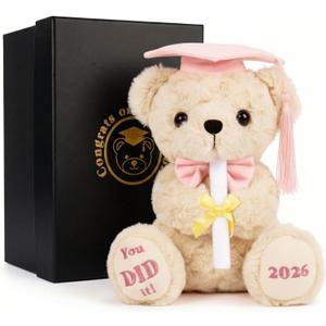 Pink Graduation Bear 2026 with Gold-Stamped Gift Box, 8 Inch Cute Graduation Stuffed Animal for Girls, Soft You DID It Teddy Bear with Pink Cap & Diploma, Class of 2026 Gift for Her