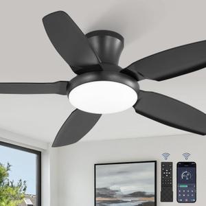 Fanbulous Ceiling Fans with Lights, 42 inch Low Profile Flush Mount Ceiling Fan with Remote/APP Control,Black Modern Ceiling Fan with LED Light for Bedroom Indoor Outdoor-LED Dimmable, 3CCT, 6 Speeds