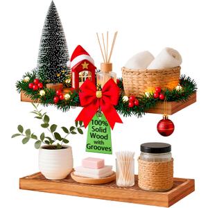 Solid Wood Floating Shelves Bathroom 16 inch Rustic Wall Wood Display Shelves with Grooves Set of 2 Home Decor for Living Room Bedroom Kitchen Farmhouse 16x6.7 inch - Brown