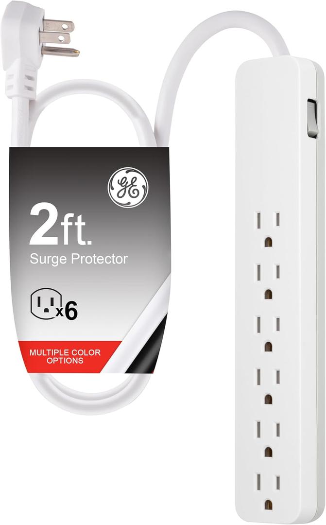 GE Pro 6-Outlet Surge Protector, 2 Ft Extension Cord, 620 Joules, Power Strip, Flat Plug, Integrated Circuit Breaker, Wall Mount, UL Listed, White, 40532
