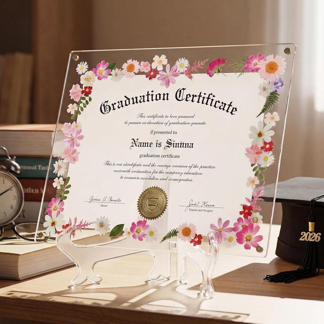 Novabright 1 Set 2026 8.5x11 Floral Acrylic Frame Pressed Flower Wall Mount Floating Picture Frame A4 Photo Double Panel for Graduation Certificate Degree Document Memory Picture Mother Day Gift