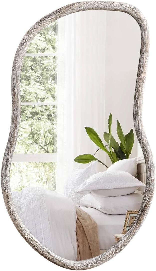 Asymmetrical Mirror Irregular Wall Mirror Farmhouse Wood Asymmetrical Mirrors for Wall Unique Art Mirrors for Bathroom Entryway Bedroom Living Room Rustic White