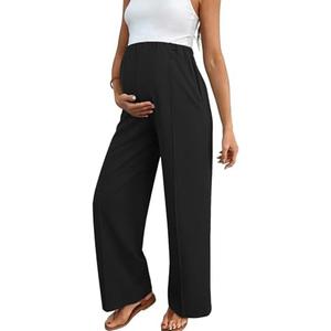BLENCOT Women\'s Maternity Pants Work Adjustable Waisted Wide Leg Waffle Knit Trousers Pregnancy Clothes with Pockets, XL