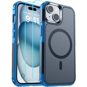 SUPFINE Magnetic for iPhone 15 Case, [Compatible with MagSafe] [15FT Military Grade Drop Protection] [2pcs Tempered Glass Screen+Camera Lens Protector] Heavy Duty Shockproof Phone Case, Deep Blue