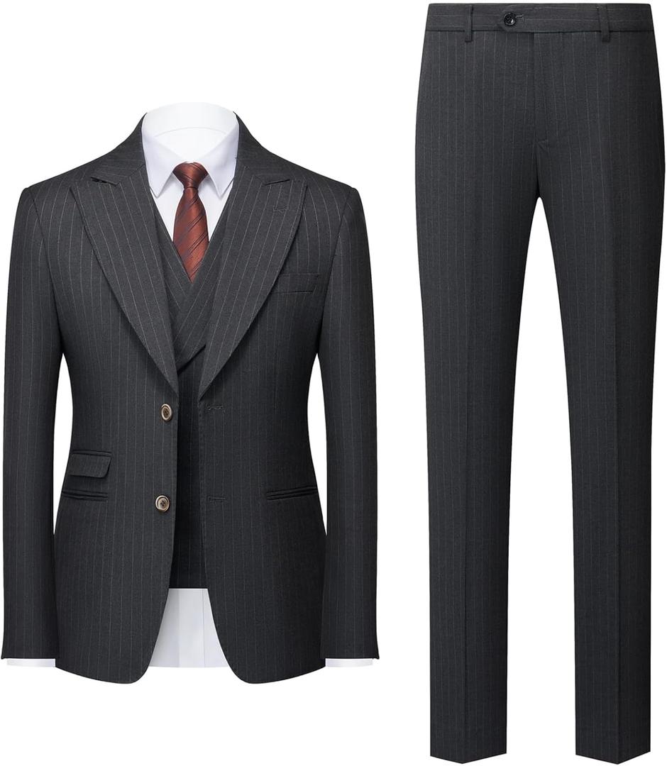 Mens Pin Stripe Suit 3 Piece Classic Business Suits for Wedding Prom Tuxedo Jacket Vest Pants Two Button (Large, Dark Gray)