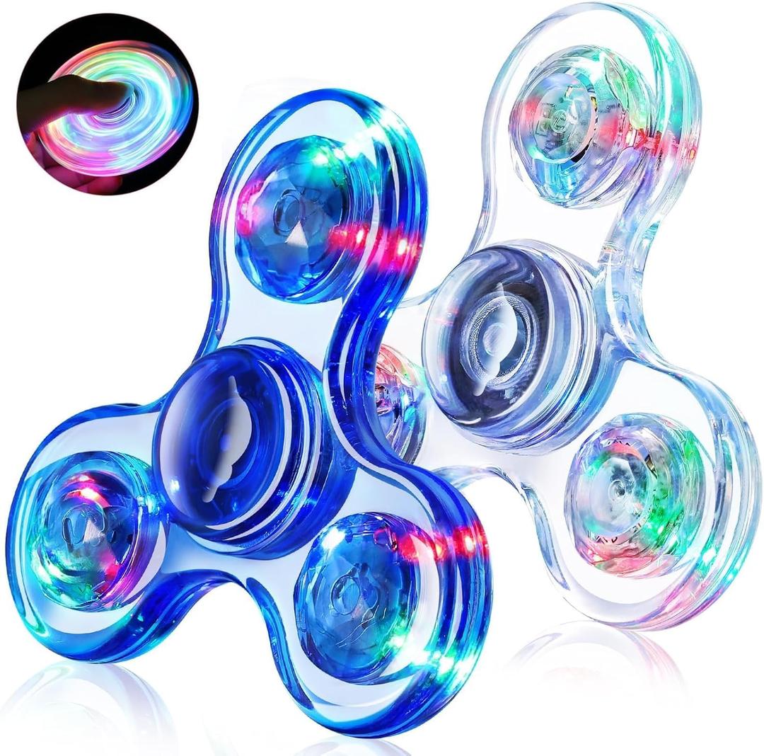 Fidget Spinner 2 Pack, Light up Sensory Fidget Toys Adults Kids 4-8-12 with Autism ADHD, Valentines Day Gifts for Kids Glow Anxiety Toys Stress Relief Teen Boy Gifts, Classroom Prizes (White&blue)