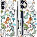 Compatible for iPhone 16 Plus Case Cute with Card Holder Shockproof Slim Slot Phone Wallet Cover for Women/Dinosaurs Childish Cartoon Animals Adorable Trees Rainbow Clouds