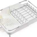 Dish Drainer Rack Dish Drainers Adjustable Dish Drying Rack,Expandable Dish Rack,Foldable Stainless Steel Dish Drainers with Removable Cutlery Holder and Drainboard(White) (One Size)