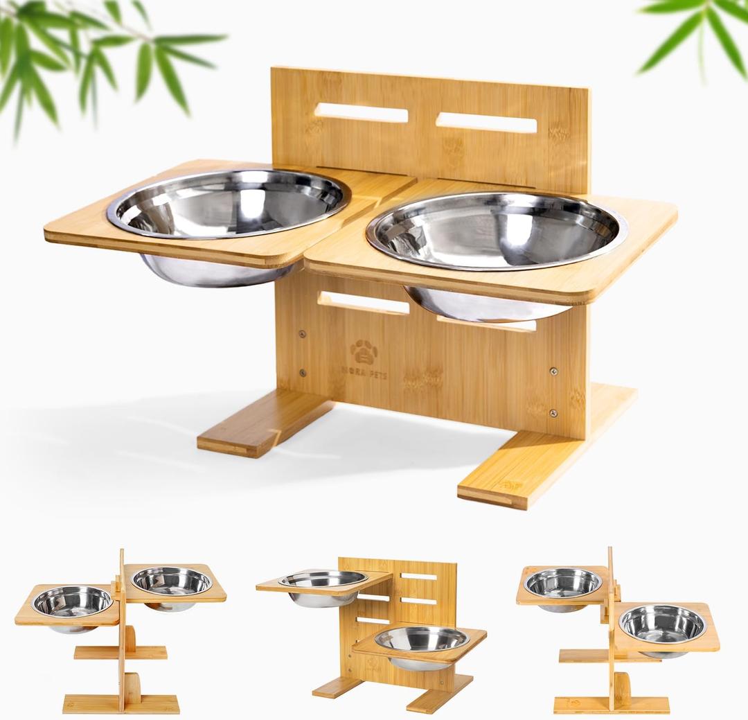 Mora Pets Elevated Dog Bowls Adjustable Raised Dog Bowl Bamboo Pet Feeder with 2 Stainless Steel Bowls for Small Medium Large Dogs