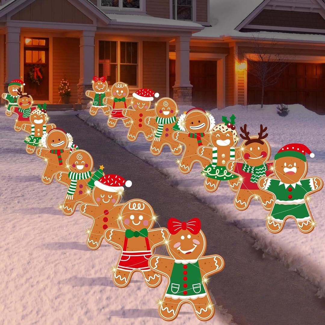 Aodaer 16 Pieces Christmas Gingerbread Man Yard Sign with Timed LED Light Merry Christmas Gingerbread Man Lawn Decoration with 32 Stake Outdoor Large Xmas Waterproof Lawn Sign for Winter Holiday Decor