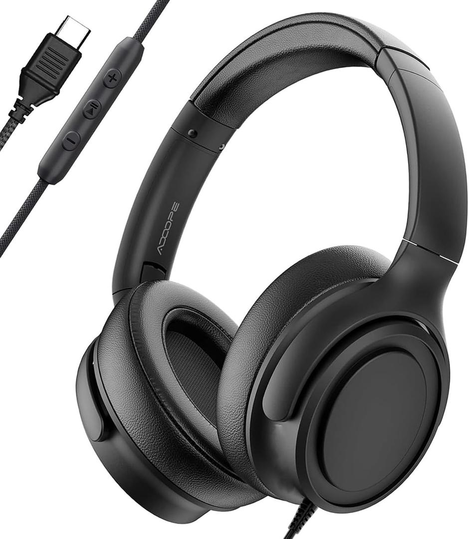 ADOOPE Wired Over-Ear Headphones with USB C Connector, Hi-Fi Stereo Sound, Noise-Isolating Ear Cups, Comfortable Fit for USB C Devices (No Bag, Black)