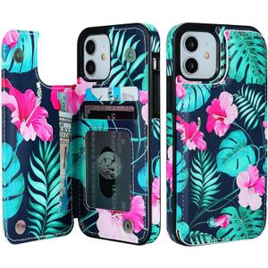 HAOPINSH for iPhone 12/12 Pro Wallet Case with Card Holder, Banana Leaf Pattern Back Flip Case PU Leather Kickstand Card Slots Case for Women Girls, Double Magnetic Clasp Shockproof Cover 6.1"