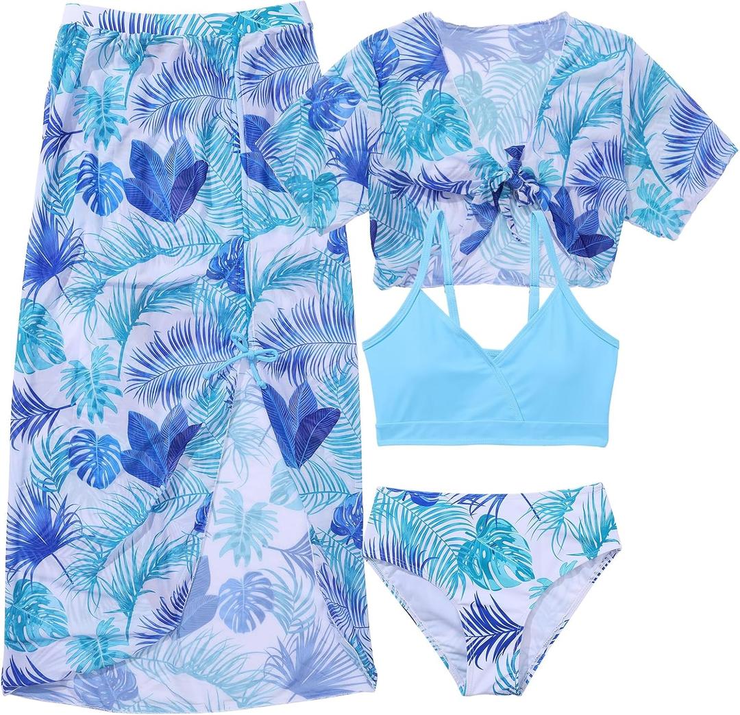 Girls Swimsuit 4 Piece Tropical Bathing Suits Taniki Bikini Swimwear Sets with Cover Up Skirt for 9-16Y (10-11 Years, Blue)