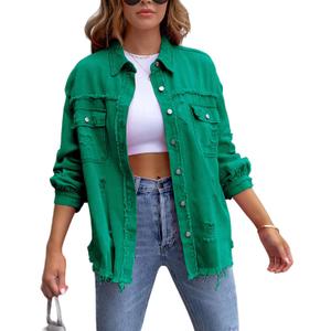 Perbai Womens Oversized Ripped Denim Jacket Frayed Hem Button Front Boyfriend Jean Coat Western Shacket with Pockets (Medium, Green)