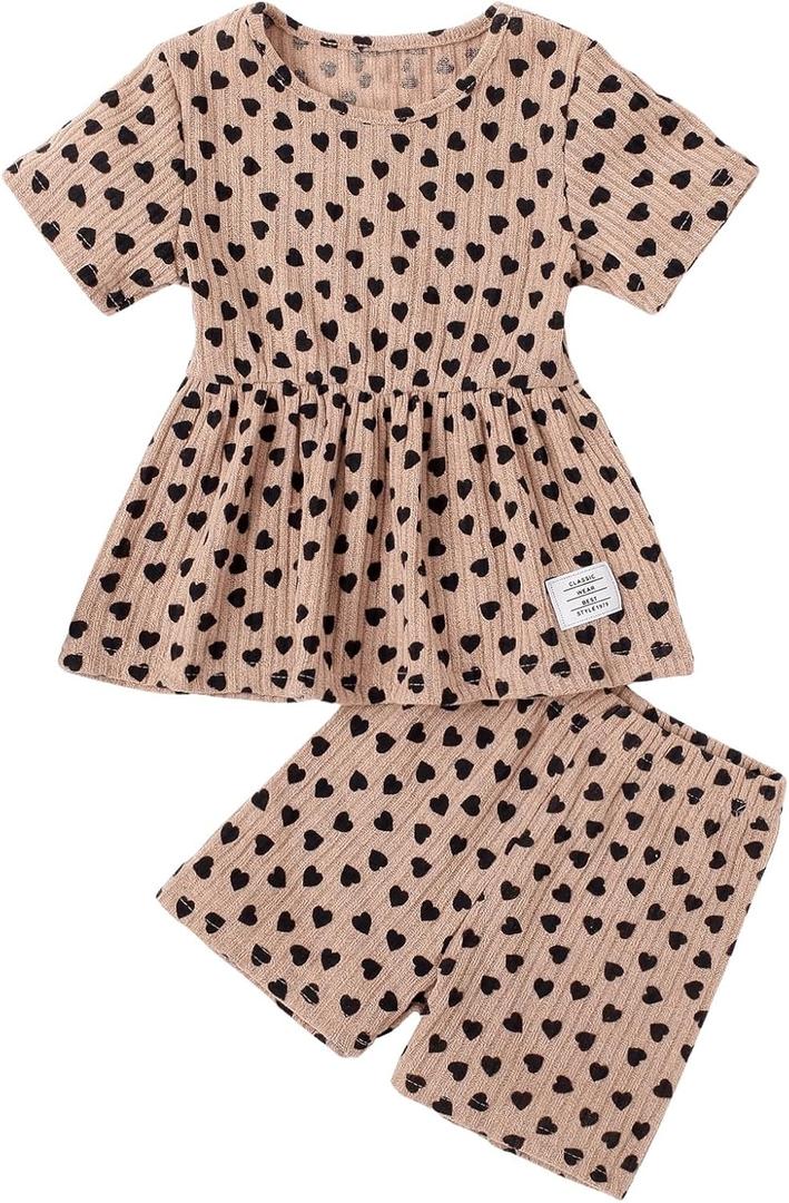 Floerns Toddler Girl's 2 Piece Outfit Heart Print Peplum Tee Shirts Track Shorts Set Khaki 6Y