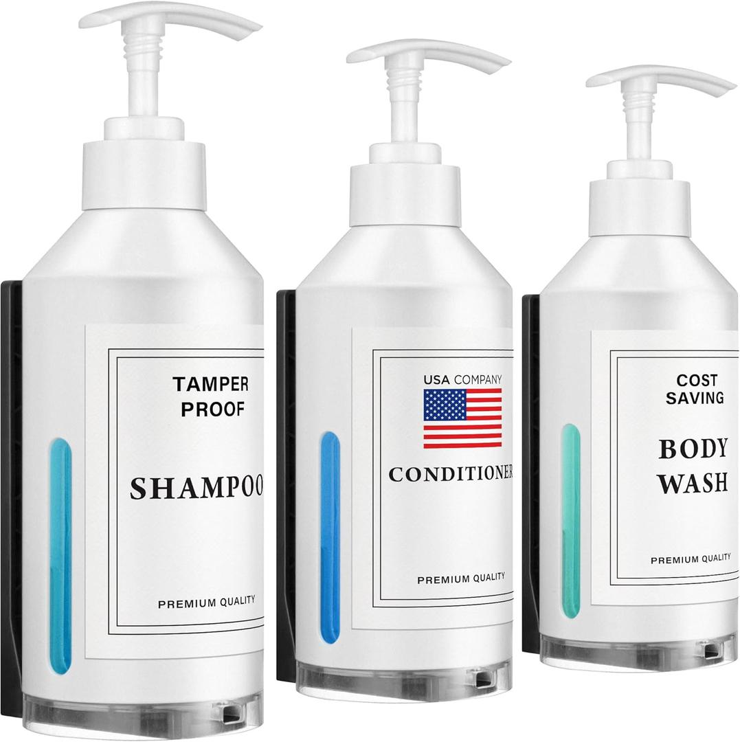 Wall Mount Shower Soap Dispenser - Money Saving, Tamper Proof - Patented Elegant 3 Bottle Shampoo, Conditioner, and Body Wash Dispensers - Ideal for Commercial Use, White