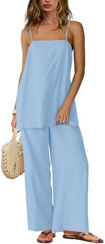 Yanekop Linen Sets for Women 2 Piece Pants Summer Outfits Matching Lounge Sets Spaghetti Strap Tank Top Pants Sets XL