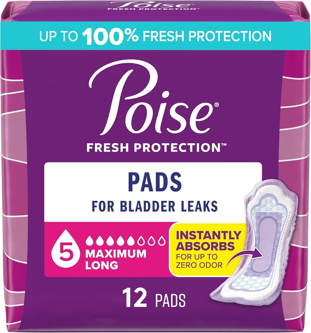 Poise Incontinence & Postpartum Pads for Bladder Leaks, 5 Drop Maximum Absorbency, Long Length, 12 Count