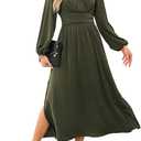 Dokotoo Wedding Guest Dresses for Women 2024 Wrap V-Neck Long Sleeve Empire Waist Dress Side Slit Ruched Party Club Prom Cocktail Maxi Dress Green X-Large
