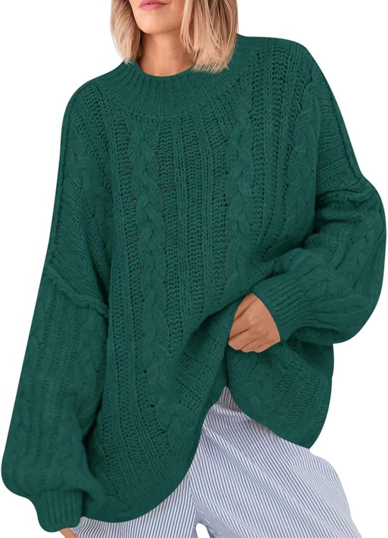 Saodimallsu Women's Oversized Sweaters Chunky Cable Knit Crew Neck Casual Long Lantern Sleeve Fall Tunic Sweater Tops (X-Large, Dark Green)