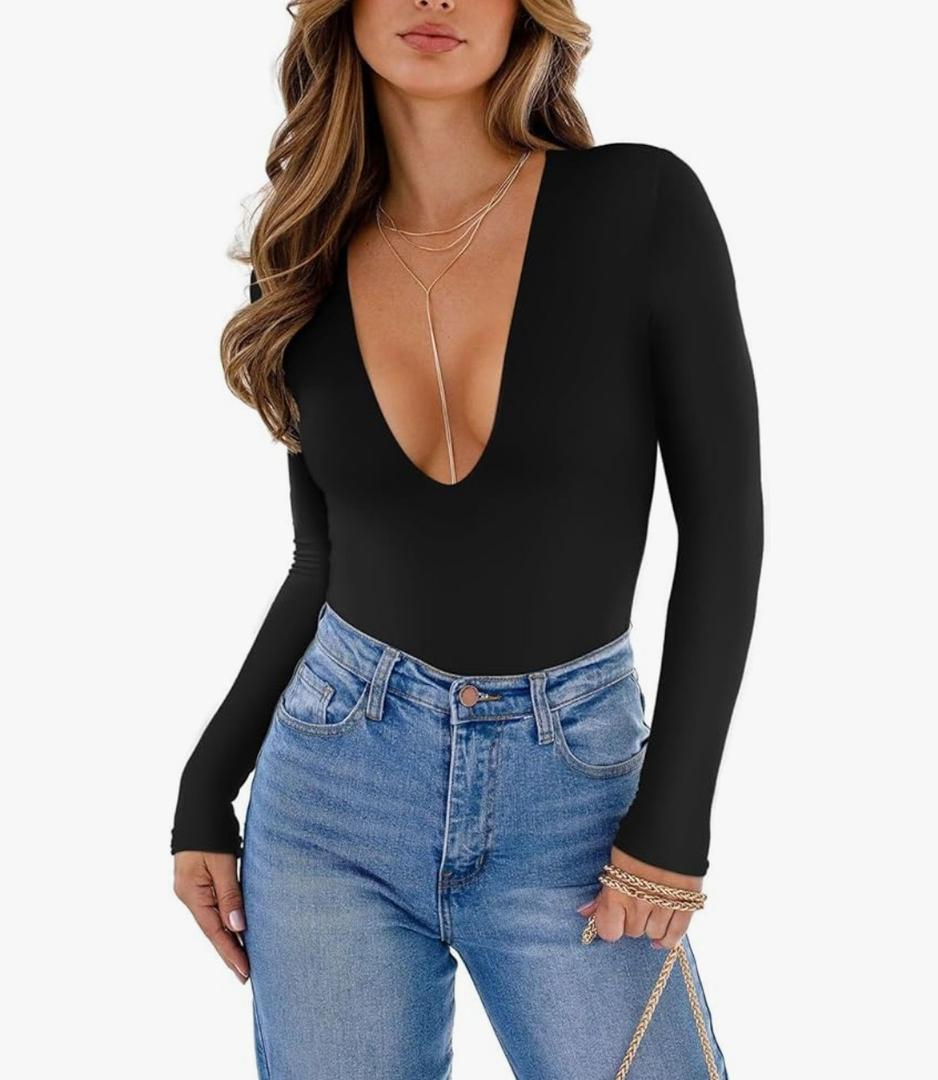 REORIA Women's Trendy Sexy Plunge Deep V Neck Long Sleeve Bodysuit Double Lined Going Out T Shirt Tops, XXL