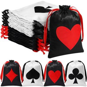 SilTriangle 24 Pcs Casino Party Favor Gift Bags Casino Theme Party Decorations with Drawstring Las Vegas Satin Goody Treat Poker Bags for Birthday Game Night Decoration(Black White Red)