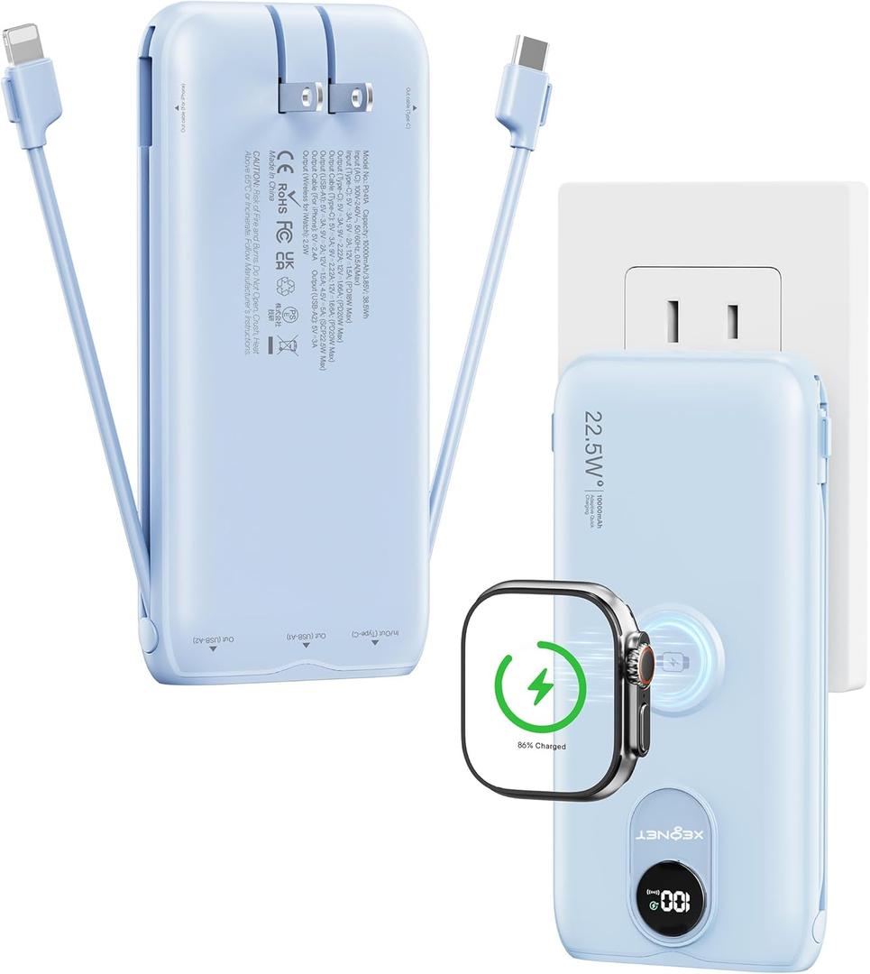 Portable Charger 10000mAh 20W, Wall Plug, 2 Cables, iWatch Charging | Digital Display, Compact Lightweight, USB C Fast Charge, USB-A 18W, Multi Protection, Travel Essential, for iPhone 17 16, Pad