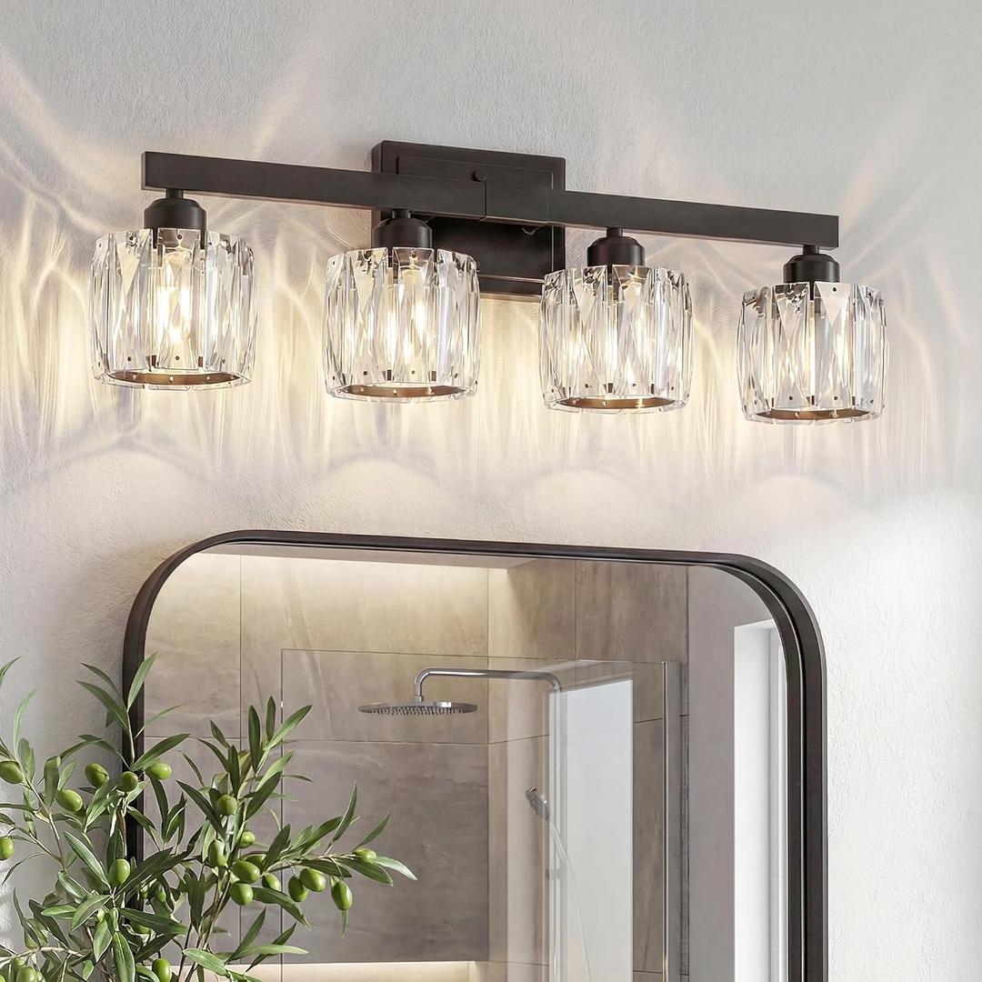 VOLISUN Crystal Vanity Lights for Bathroom, 4 Light Bathroom Vanity Light, Modern Matte Black Bathrooms Light Over Mirror, Black Bathrooms Lights Fixtures-UL Certificated(Exclude Bulb)