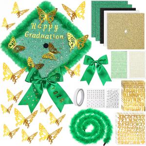 Wavwavw 30 Pcs DIY Graduation Cap Decorations Kit Grad Hats Decor Included 3D Artificial Butterfly Bow Glitter Paper Plush Alphabet Letter Stickers for 2026 DIY Grad Cap Decorations(Green)