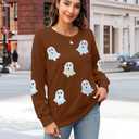 MYHALF Halloween Sweatshirts Women Colorful Sequin Ghost Graphic Pullover Shirt Halloween Witch Crewneck Sweater (Small, Brown)
