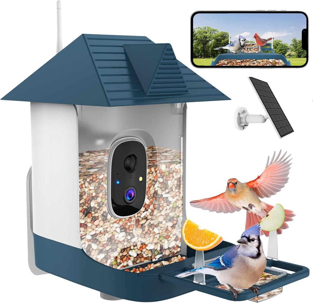 Bird Feeder with Camera,WiFi Outdoor Smart Bird Feeder Camera with Built-in AI Birds Recognition,Solar Powered,Auto Record Video by Cloud Storage,FHD Birds House with Cam,Ideal Gift for Dad and Mom (Navy Blue)