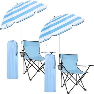 Anglechic 2 Pack Beach Chair with Umbrella for Adults Universal Clamp Folding Lightweight Adjustable Backpack Sling Beach Camping Chair with Cup Holder for Sand Camping Travel Outdoor Pool(Light Blue)